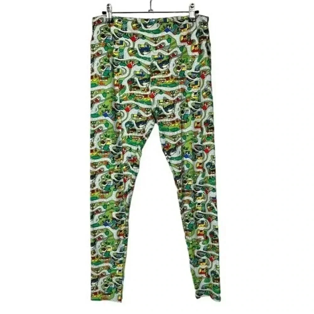 Lularoe Blue & Green Road Map Tiny Town Soft Leggings T&C OS